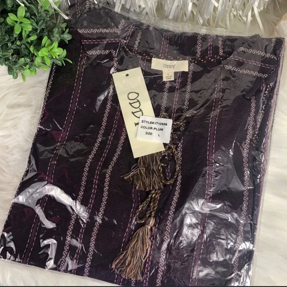 BOHO shirt woven knit TOP variegated stripe jacquard top S TRENDING deep Purple - Picture 13 of 16